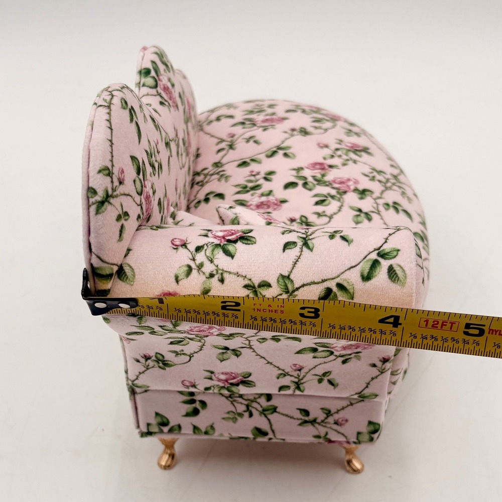 Pink Floral Rose Chaise Lounge Jewelry Box Miniature Sofa Mirror Ring Storage - Picture 9 of 10